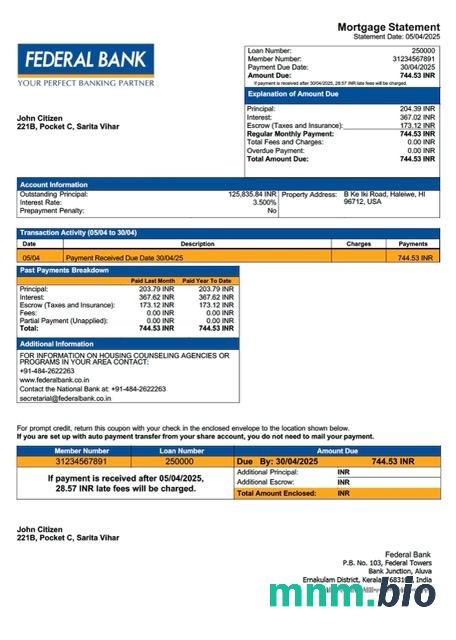 Indie Bank Federal wyciąg z kredytu hipotecznego szablon Word i PDF